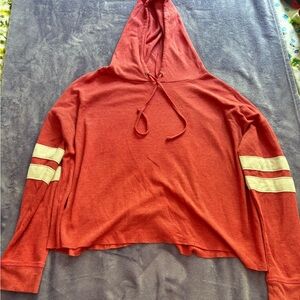 Women's Red Hooded Sweater with Striped Sleeves